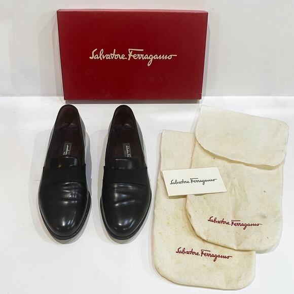 Salvatore Ferragamo 8.5 D Rio Almond Toe Flat Calf Leather Loafers Black Italy - Picture 2 of 12